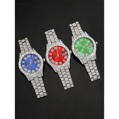 Unisex 3-Piece Punk Jewellery Exquisite Watch Set, Set Includes Rhinestone Shine Cross Pendant Necklace, Adjustable Alloy Bracelet & Exquisite Watch for Everyday Wear