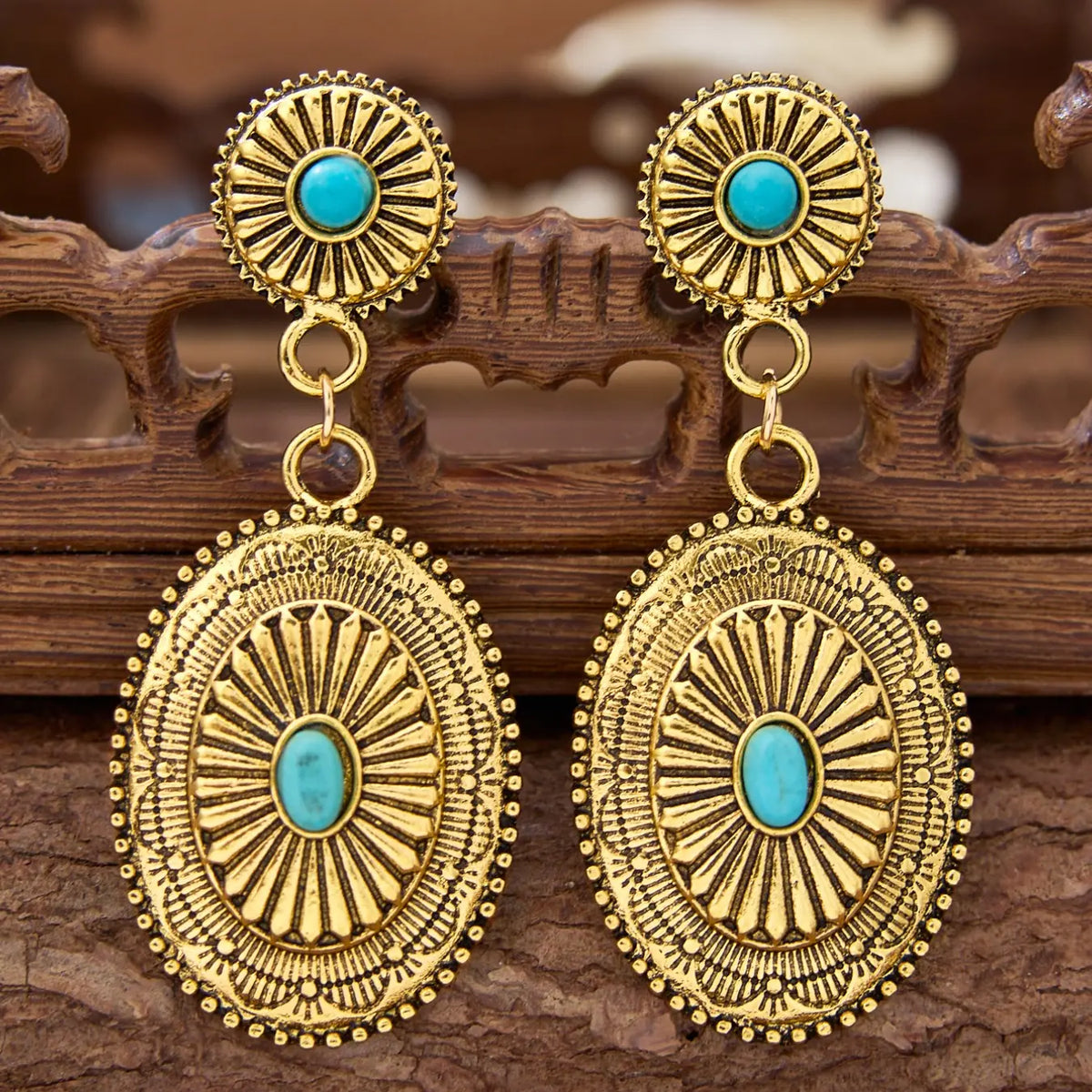 Vintage Western Inspired Stylish Jewelry Cowboy Style Totem Design Carved Geometric Shape Ethnic for Women, Good Earrings, High-Quality Versatile Bohemian Turquoise Jewelry