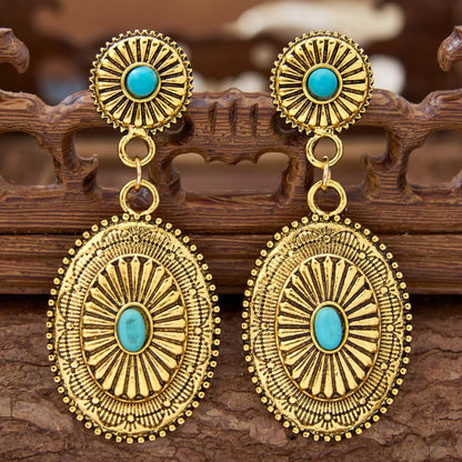 Vintage Western Inspired Stylish Jewelry Cowboy Style Totem Design Carved Geometric Shape Ethnic for Women, Good Earrings, High-Quality Versatile Bohemian Turquoise Jewelry