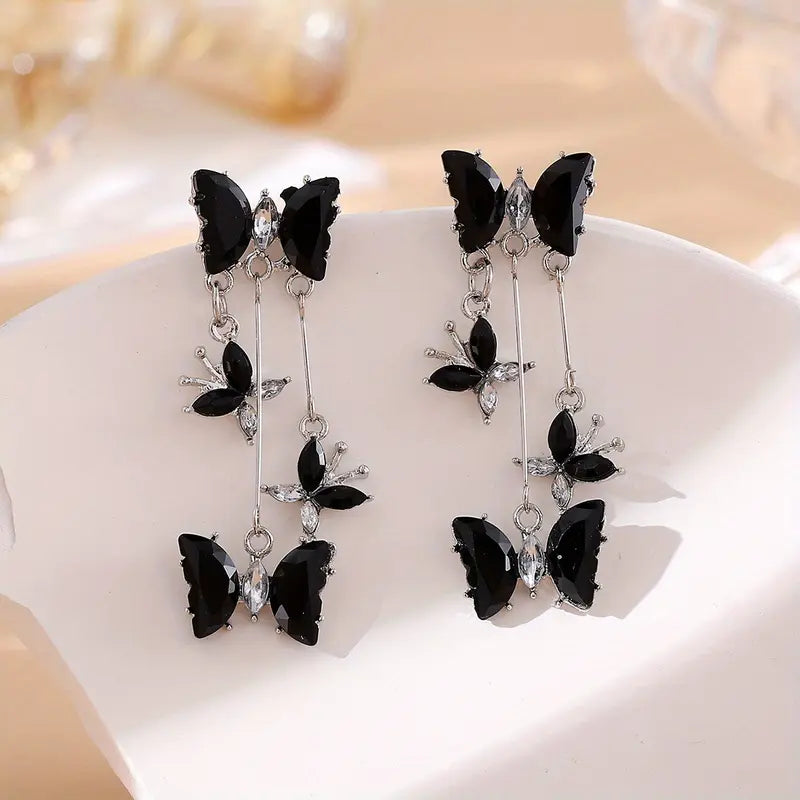 Charm Butterfly Tassel Earrings - Vibrant Women Exquisite Shiny Rhinestone Butterfly Tassel Glitter Dangle Earrings Party, Proms, Music Festivals, And Holiday Wear Accessories