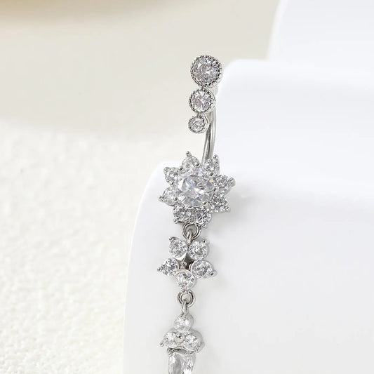Women's Rhinestone Flowers Decor Belly Ring, Body Piercing Jewelry, Navel Piercing Jewelry, Rhinestone Decorated Belly Button Ring, Elegant Flower Design Belly Piercing for Women, Jewelry Gifts, Body Jewellery