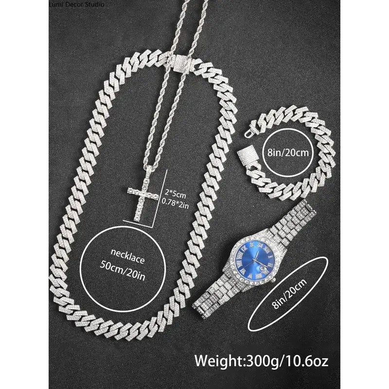 Unisex 3-Piece Punk Jewellery Exquisite Watch Set, Set Includes Rhinestone Shine Cross Pendant Necklace, Adjustable Alloy Bracelet & Exquisite Watch for Everyday Wear