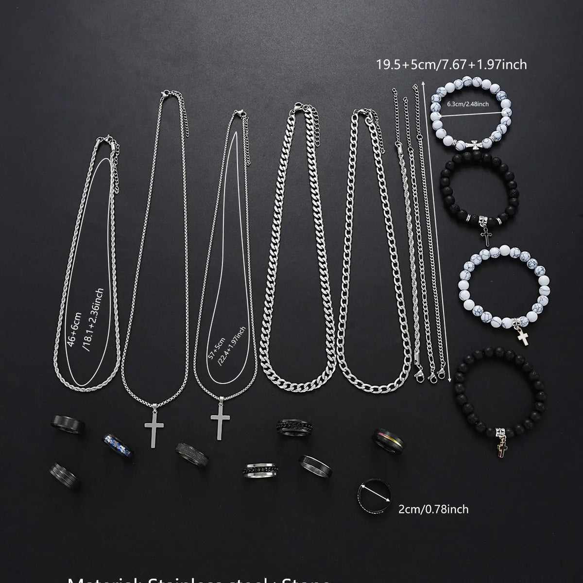 Men's Stainless Steel Fashion Jewelry Set, Casual Punk Cross Pendant Necklace Chain Bracelet Ring Set, Geometric Pattern, All Seasons Gift, Necklace and Bracelet Set