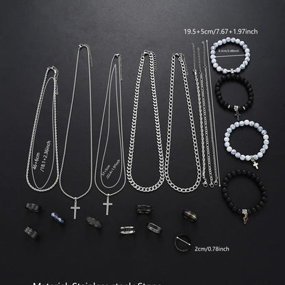 Men's Stainless Steel Fashion Jewelry Set, Casual Punk Cross Pendant Necklace Chain Bracelet Ring Set, Geometric Pattern, All Seasons Gift, Necklace and Bracelet Set