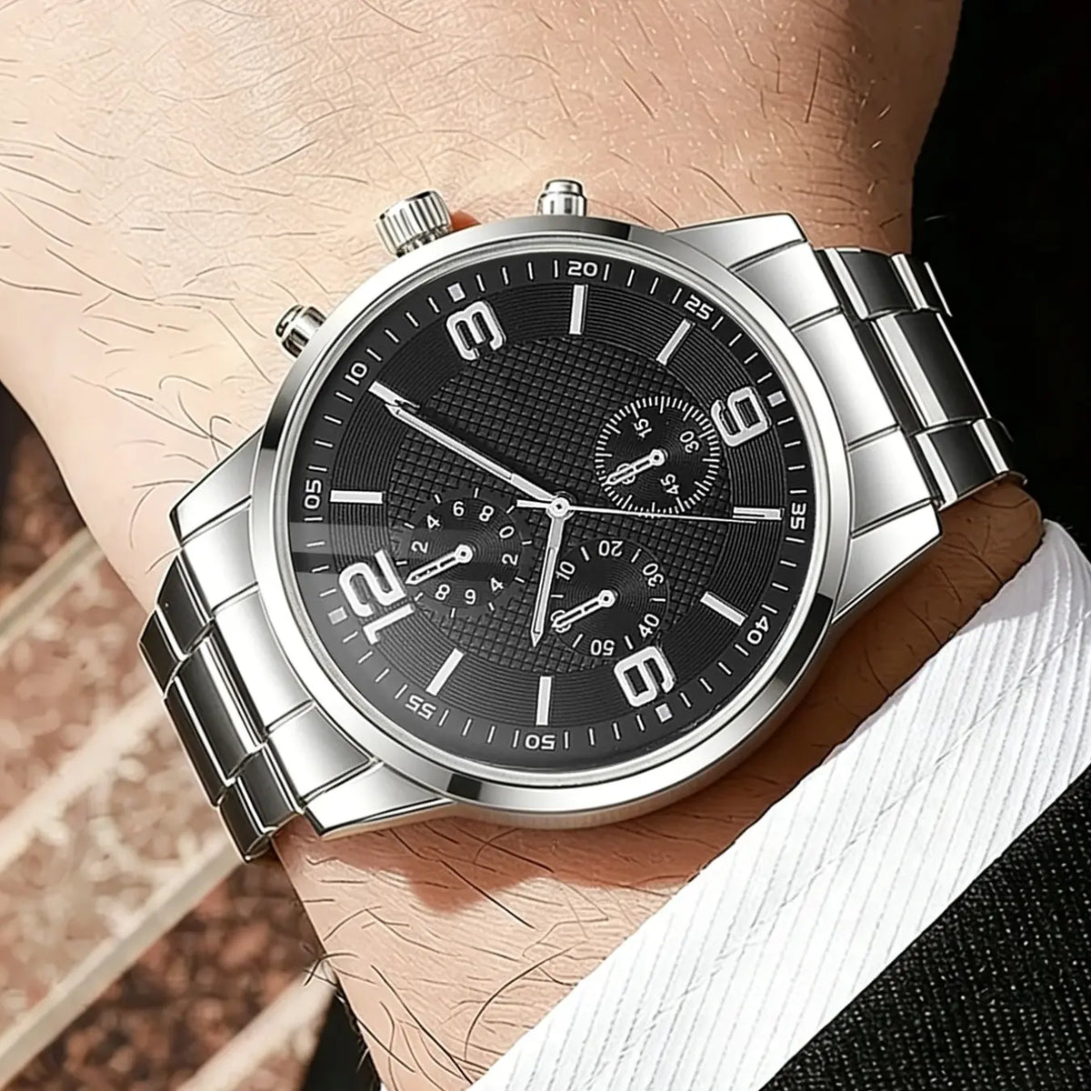 Trendy Silver Color Watch Face, Men's Roman Numerals Quartz Watch Set with Necklace Bracelet Ring, Perfect Birthday Gift for Him, Fashionable Jewelry Set