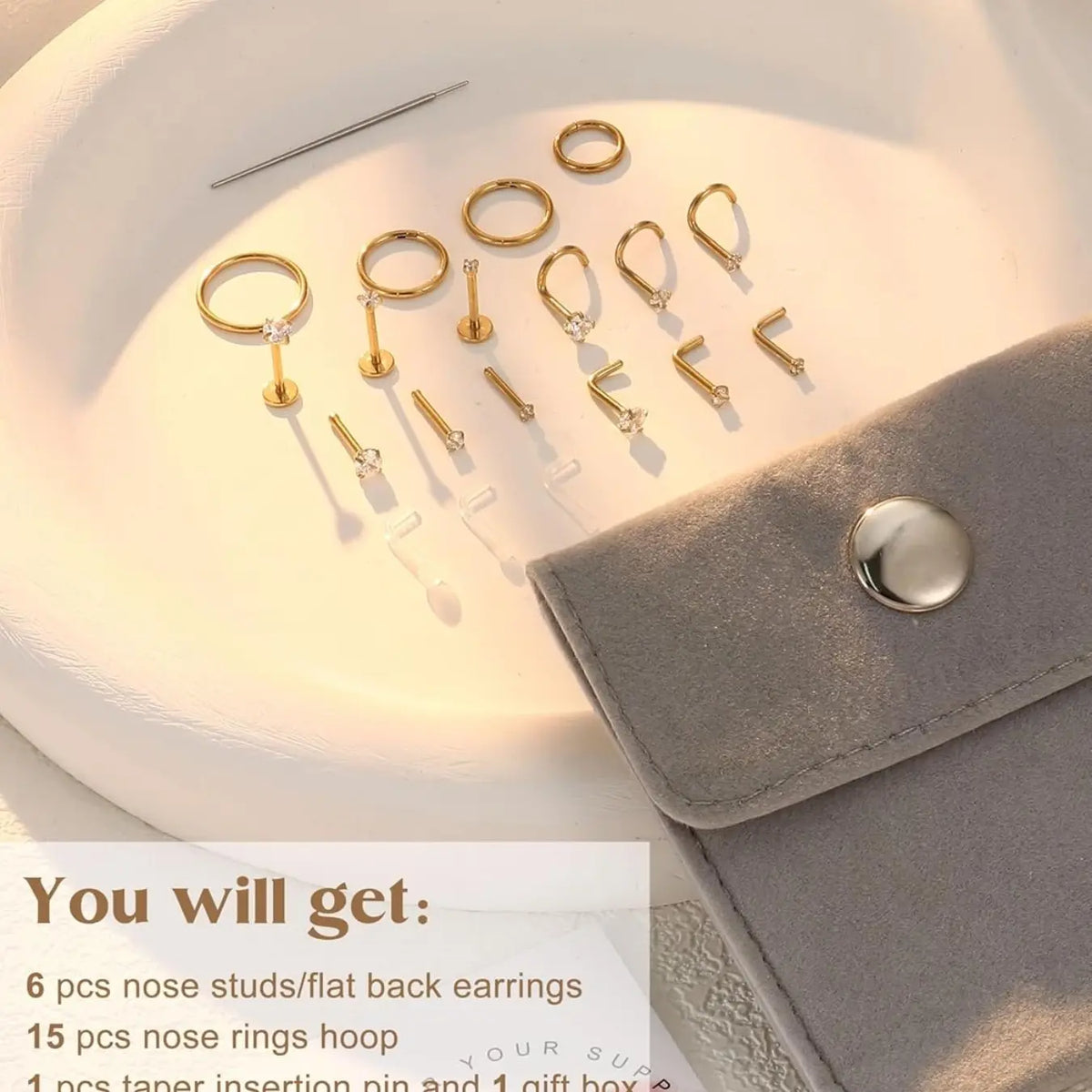 Gold Filled Nose Rings Studs Hinged Nose Hoops for Women Men: Body Piercing Jewelry 20G 18G 316L Surgical Stainless Steel Hypoallergenic Dainty Simulated Diamond L Shaped/Corkscrew/Straight/Push Back Nostril Piercing Jewelry with Rhinestone Nose Ring