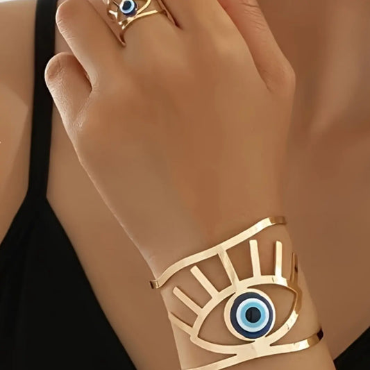 Boho Style Blue Eye Plated Bracelet & Ring Set, Bracelet Jewelry Sets, Spring Summer Versatile Maximalist Jewelry Fashion Accessory, Unisex Jewelry Gift, Perfect for Daily Wear