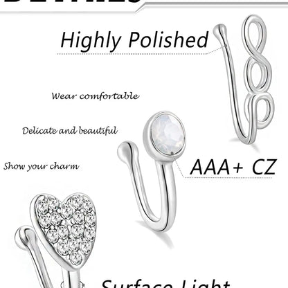 16Pcs African Faux Nose Cuff Non Piercing Inlaid Cubic Zirconia Clip on Nose Ring Star flower Leaf Heart Shape Nose Ring Fake Nose Cuff for Women Silver Gold Rose Gold Ton Nose Jewelry