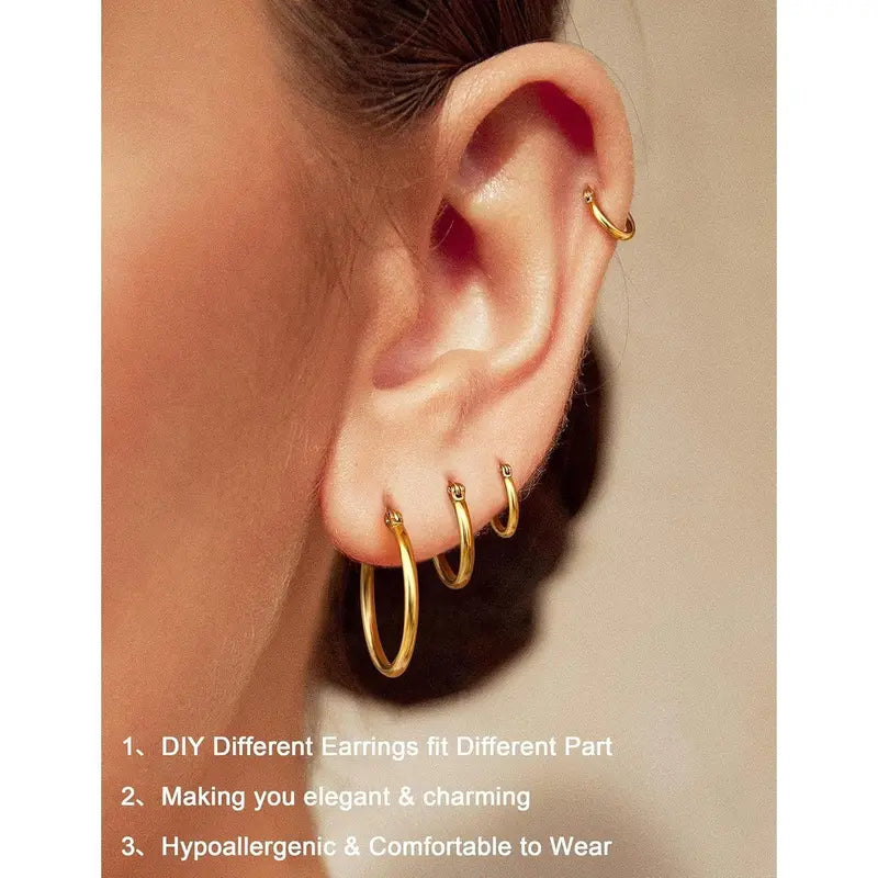 CASSIECA 4Pair Stainless Steel Earring Stack Set Hypoallergenic Gold Plated, Silver, Lightweight Classic Hoop Earrings, 10MM 20MM Huggie Hoops Fashion Jewelry Accessories for Summer Sohochic