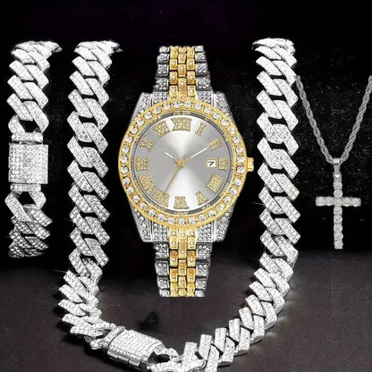 Unisex 3-Piece Punk Jewellery Exquisite Watch Set, Set Includes Rhinestone Shine Cross Pendant Necklace, Adjustable Alloy Bracelet & Exquisite Watch for Everyday Wear