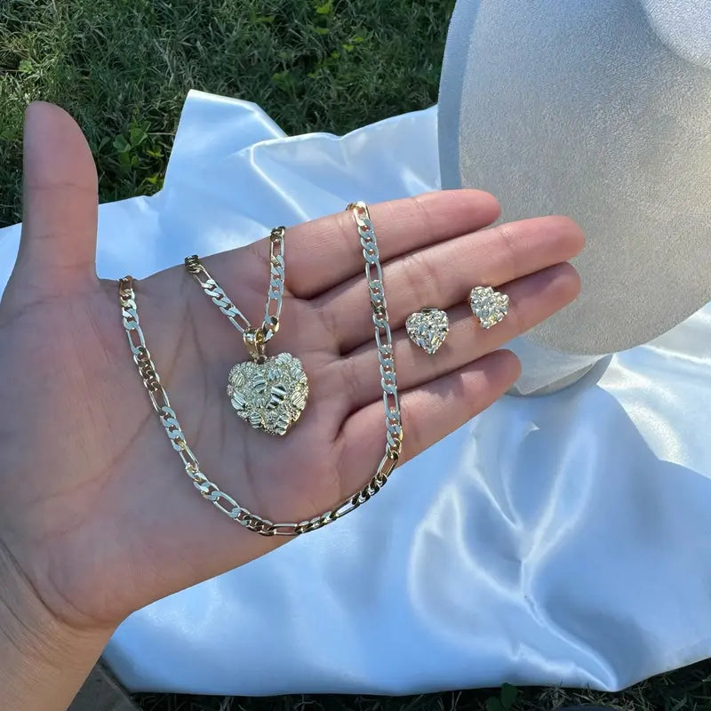 Heart nugget gold plated set, necklace, ring, earrings