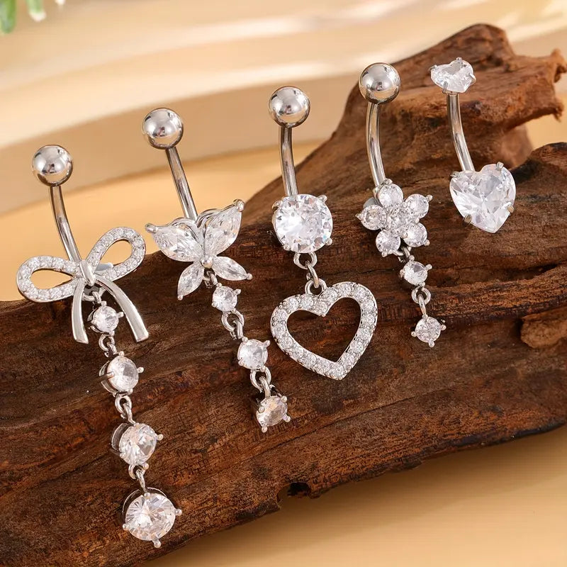 5PCS Classic Butterfly-shaped Heart Flower Composite Zirconia Inlaid Navel Ring Pendants Body Piercing Jewelry Women Stainless Steel Bohemian Hollow Silvery Luxurious Cubic Zirconia Navel Pins Set
