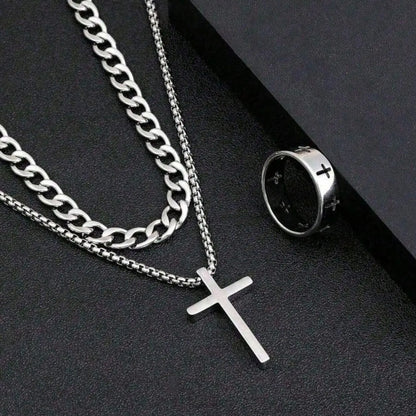 3pcs Teen Fashion Multi-Functional Stainless Steel Jewelry Accessories Set, Trendy Jewelry Set, Cross Necklace Bracelet Ring, Perfect Gift, Jewellery Gift Set, Jewelry for Teens