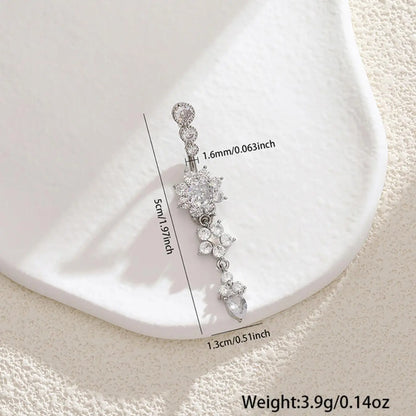 Women's Rhinestone Flowers Decor Belly Ring, Body Piercing Jewelry, Navel Piercing Jewelry, Rhinestone Decorated Belly Button Ring, Elegant Flower Design Belly Piercing for Women, Jewelry Gifts, Body Jewellery