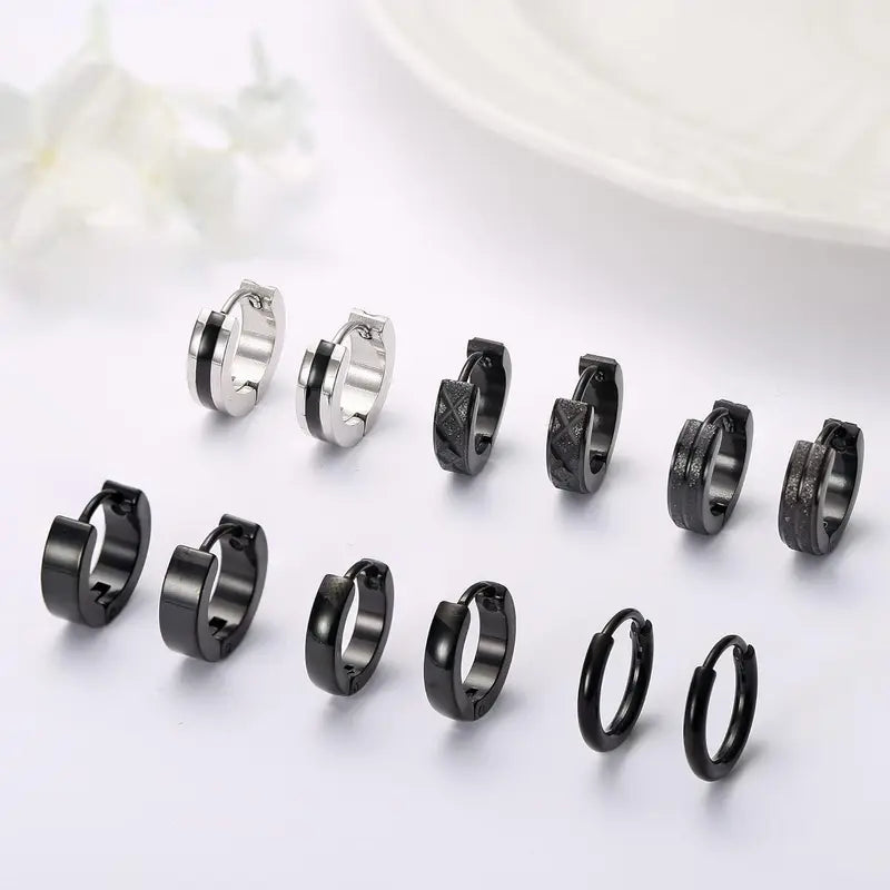CASSIECA 6Pair Stainless Steel Earrings Set Classic Small Hoops, Helix Piercing Sleepers, Dome, Black Styles, Sleep Safe Jewelry for Men/Women, Men's Accessories Sohochic