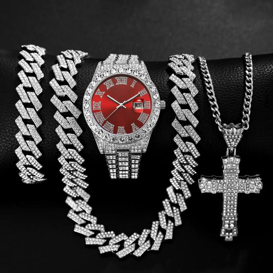 Men's Quartz Watch Set with Punk Cuban Chain Necklace & Bracelet, Men Jewelry, Multiple Colors, Perfect Gift for Daily Wear, Holidays, Back-To-School, Jewelry Sets