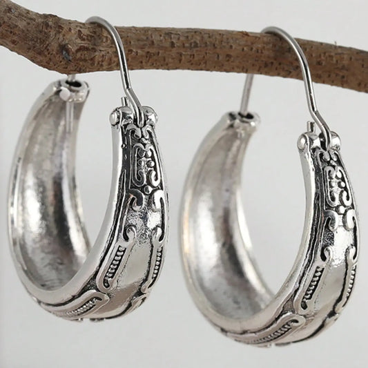 Bohemian Earrings, Silver Color Women's Earrings, Handmade Earrings, Gift for Her, Textured Silver Earrings, Fashion Jewelry, Stylish Jewelry, Hoop Shape Earrings, Fashionable Hoop Earrings, Hoops Shape Earrings
