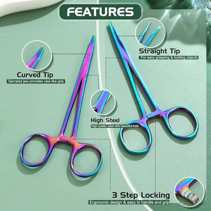 GEMQUEEN Rust-Proof Stainless Steel Piercing Taper Pliers Ball Grabber Piercing Kit - 4.7in Curved/Straight Forceps, 14G/16G/18G Sizes, Acrylic-Safe, Secure Hold, Internal Thread Insertion Pins, for Earlobe Helix Tragus Body Jewelry Adjustment