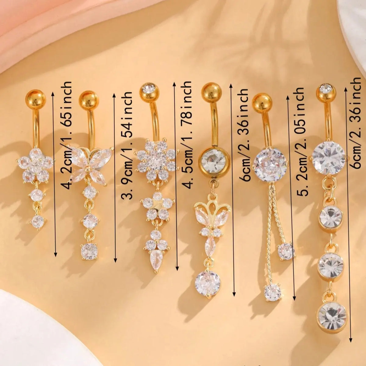 Women's Elegant Butterfly & Flower Design Belly Rings, Stainless Steel Sparkling Zircon Inlay Belly Button Rings, Navel Ring, Cute Trendy Belly Piercing Jewelry, Fashion Artificial Zircon Body Jewelry for Party & Daily Wear