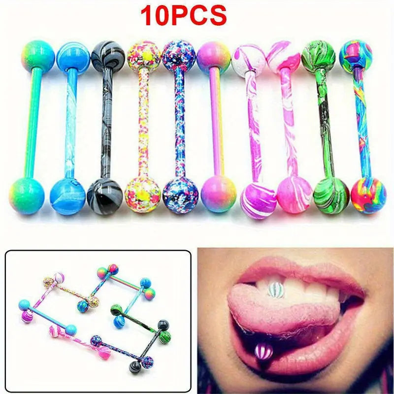 10PCS Colorful Nipple Piercing Jewelry Set Women Vibrant Stainless Steel Ball Barbell Tongue Rings Round Double Balls Barbell Nipple Piercing Body Jewelry Set