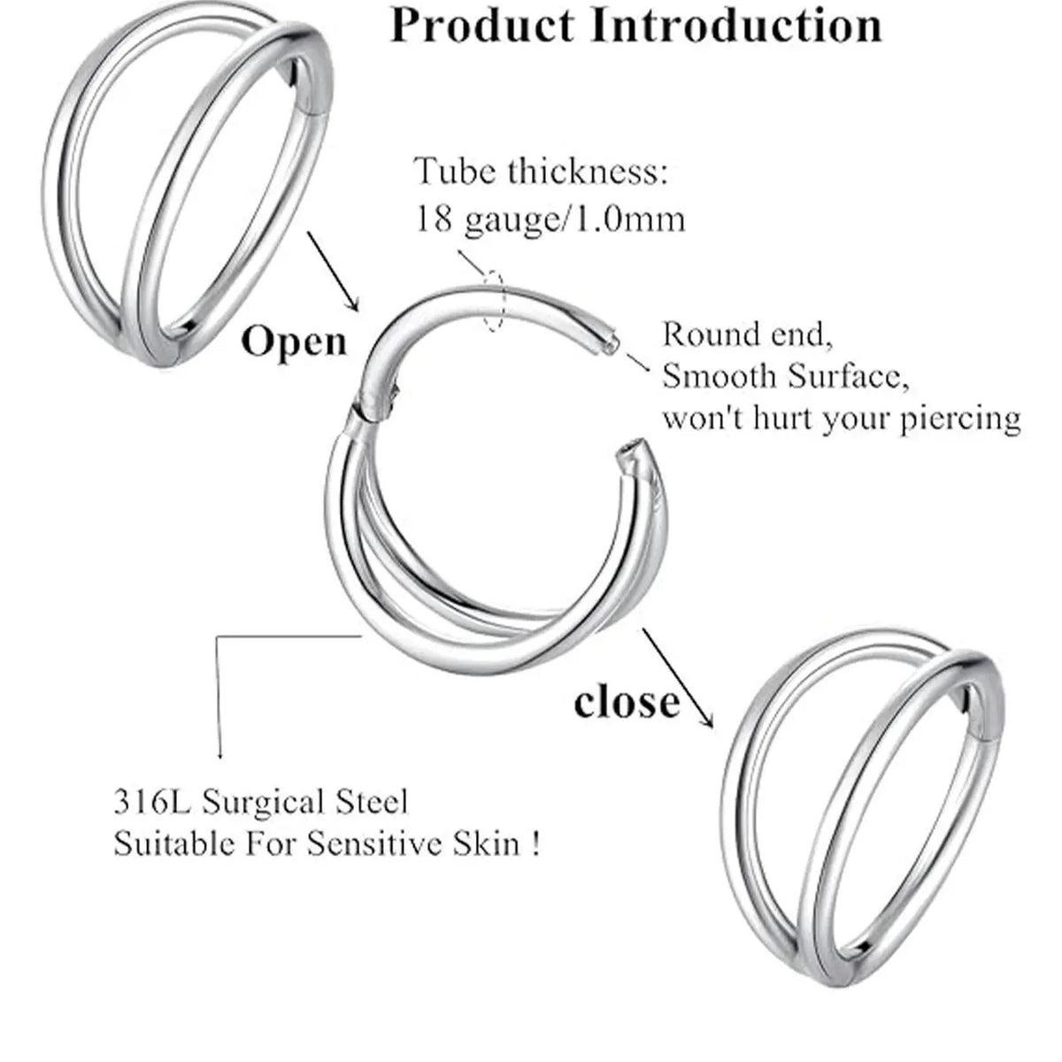 Nose Ring, Body Piercing Jewelry, Nose Rings Hoops, Cartilage Hoop Earring, Helix Hoops, Tragus Hoop Earring, Lip Ring, Septum Ring, Double Hoop, Nose Hoop, Hypoallergenic, Nose Piercing Clicker, Hinged Nose Ring Hoop, 6mm 8mm, 316L St, Jewelry