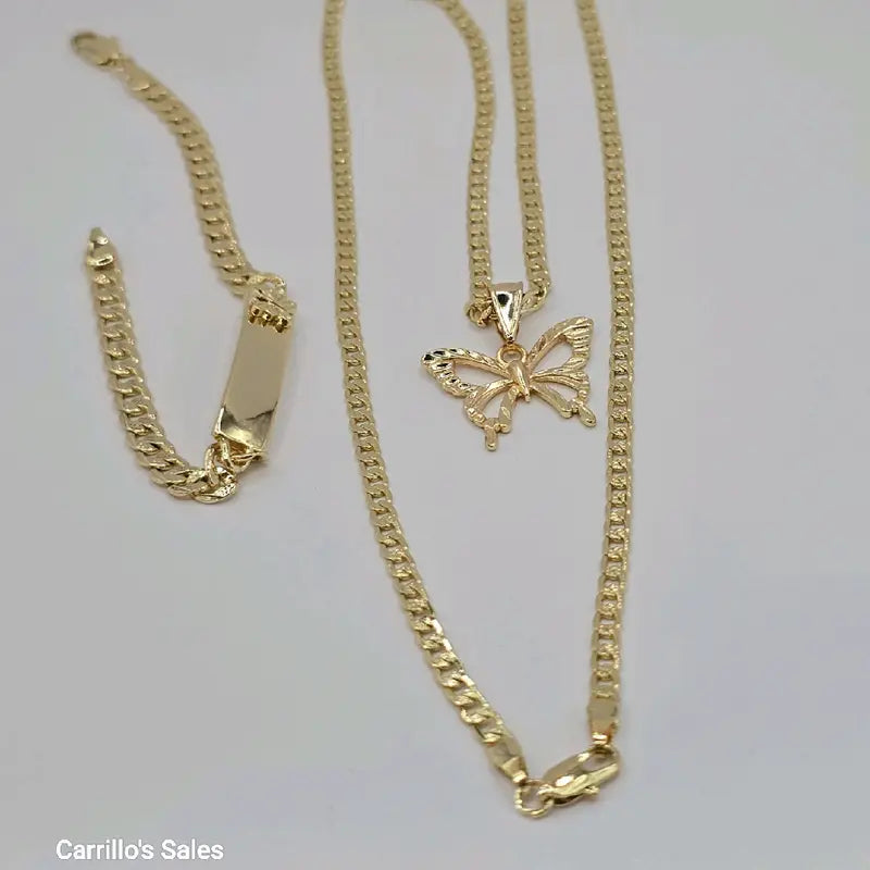 Butterflies' beautiful set of necklace with ID bracelet Cuban link style gold-plated fancy