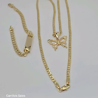 Butterflies' beautiful set of necklace with ID bracelet Cuban link style gold-plated fancy