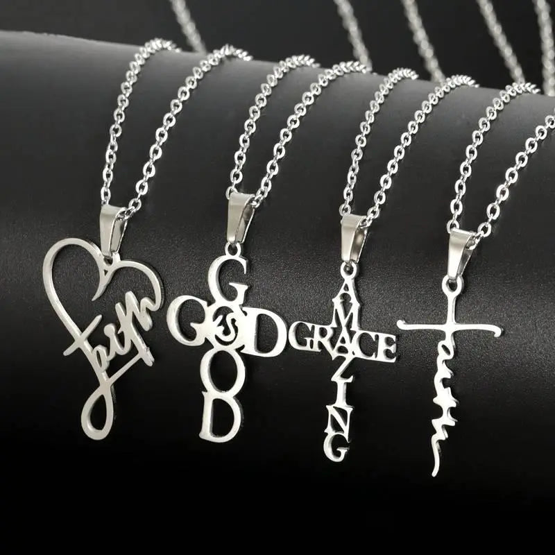 8pcs Stainless Steel Inspirational Christian Jewelry Set with Cross, Faith, Grace Pendants - Heart & Praying Hands Charms - Hip Hop & Vintage Style Necklaces, Bracelets for Women - Durable Everyday Faith-Based for Church Events
