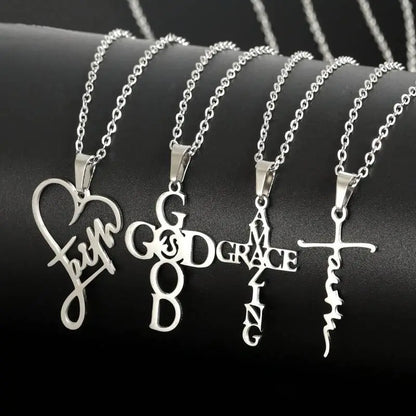 8pcs Stainless Steel Inspirational Christian Jewelry Set with Cross, Faith, Grace Pendants - Heart & Praying Hands Charms - Hip Hop & Vintage Style Necklaces, Bracelets for Women - Durable Everyday Faith-Based for Church Events