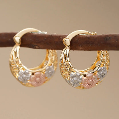 Mexican-style sunflower pattern gold-coloured hollow hoop earrings, hoop shape earrings, elegant party earrings, the perfect anniversary gift for mothers and couples, earrings jewelry