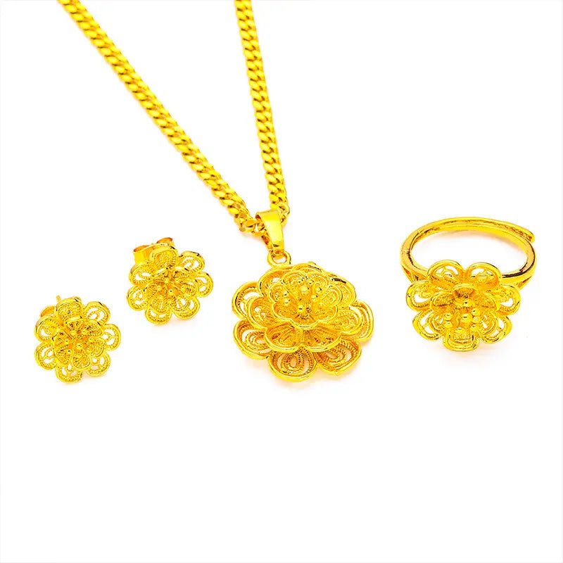 [Angela New Arrivals] Female Adults' Luxe Elegant Gold-tone Flower-shaped Jewelry Set - Daily Light Luxury High-end Necklace, Bracelet, Ring with Flower Pendant