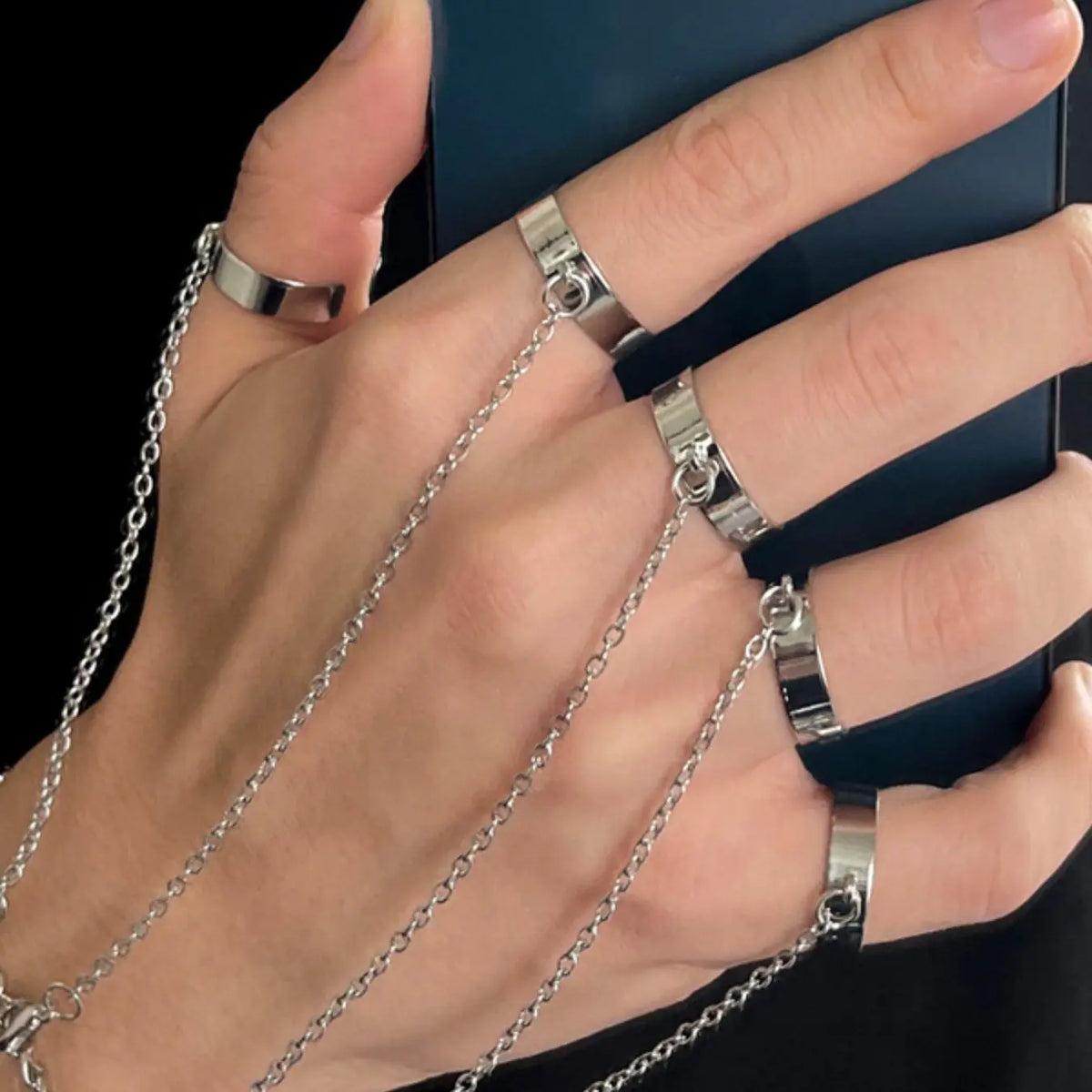 Unisex Fashion Ring Bracelet Set, Adjustable Open Loop Rings with Connecting Chain, Hip Hop Street Style Jewelry, Trendy Jewelry Set, Openwork Ring Sets, Men Jewelry
