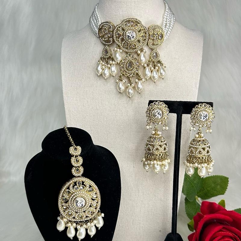 Pakistani Style Pearls Choker Necklace with Jhumka and Tikka Jewelry Set, Elegant Design for Women