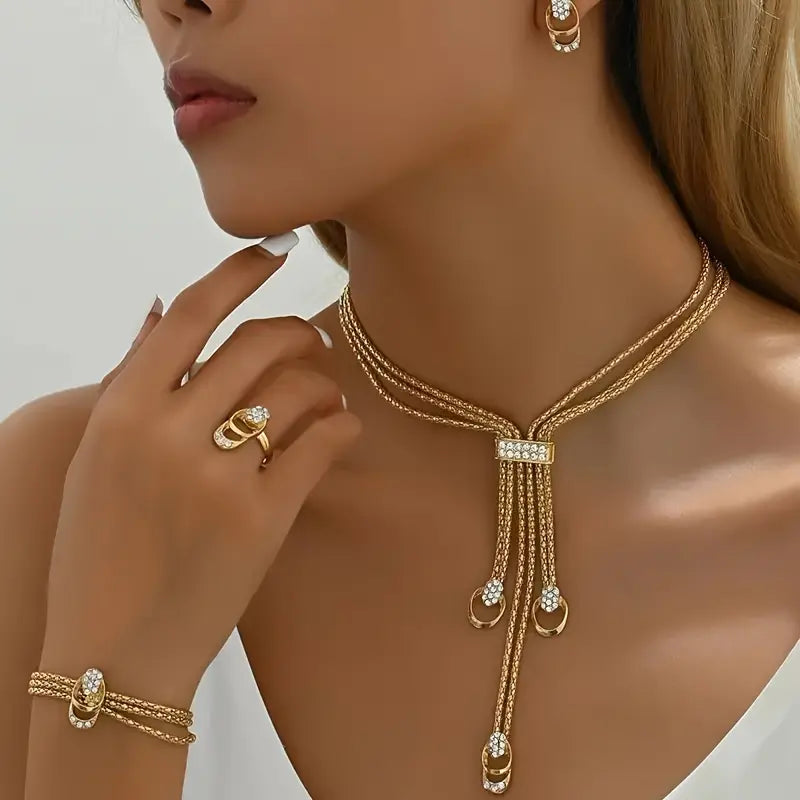Female Boho Fashionable Matching Jewellery Gift Set (4-Piece: Necklace, Earrings, Bracelet, Ring) - Bridal Jewelry Set for Wedding, Gifts for Mom