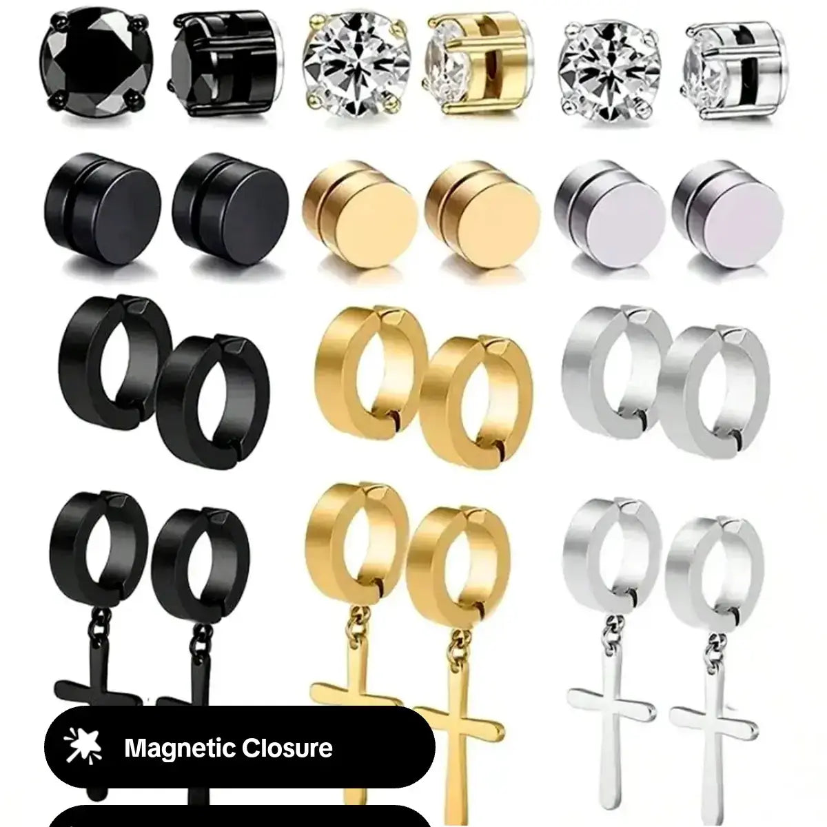 Men's Punk Style Stainless Steel Artificial Zircon Magnetic Earrings, Cross Design Jewelry for Party & Daily Wear, Ideal Gifts, Non-Piercing Earrings, Non Pierced Jewelry, Rhinestone Decorated Bling, Sparkling Ear Jewelry