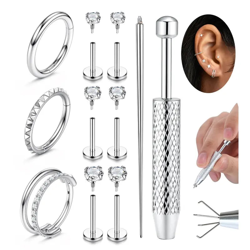 Women's 16G-18G Gold Plated Surgical Steel Body Jewelry Set - Internally Threaded Flat Back Studs, CZ Hoops, 5A+ Cubic Zirconia Stones Shine Bright, Hypoallergenic for Nose, Tragus, Helix Piercings Daily Wear