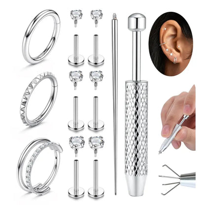 Women's 16G-18G Gold Plated Surgical Steel Body Jewelry Set - Internally Threaded Flat Back Studs, CZ Hoops, 5A+ Cubic Zirconia Stones Shine Bright, Hypoallergenic for Nose, Tragus, Helix Piercings Daily Wear