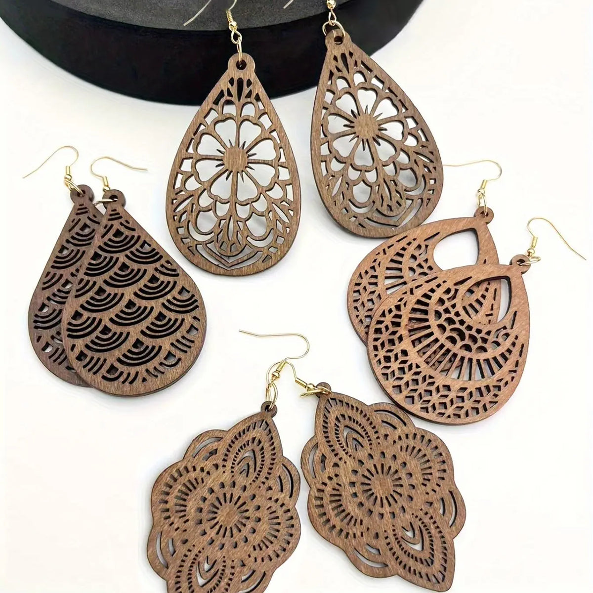 Wooden Hollow Out Design Dangle Earrings, Vintage Style Water Drop Shaped Earrings, Teardrop Dangle Earrings, Fashion Crafted Jewelry Accessories for Women