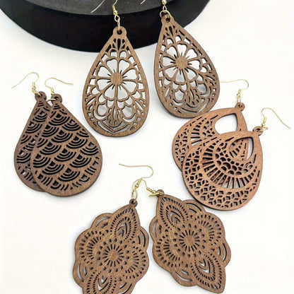 Wooden Hollow Out Design Dangle Earrings, Vintage Style Water Drop Shaped Earrings, Teardrop Dangle Earrings, Fashion Crafted Jewelry Accessories for Women