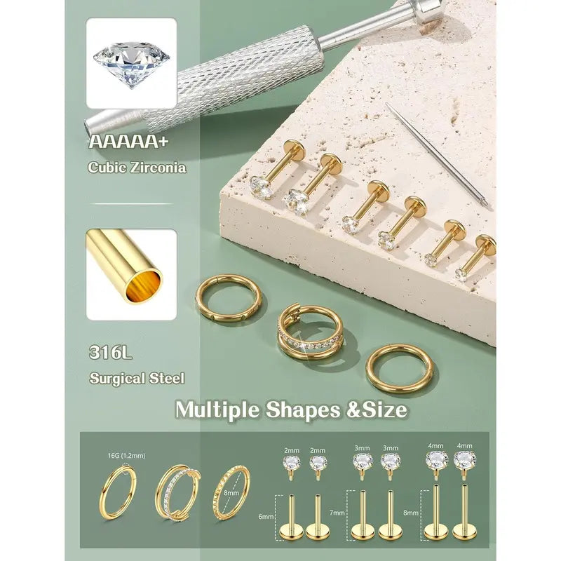 Women's 16G-18G Gold Plated Surgical Steel Body Jewelry Set - Internally Threaded Flat Back Studs, CZ Hoops, 5A+ Cubic Zirconia Stones Shine Bright, Hypoallergenic for Nose, Tragus, Helix Piercings Daily Wear