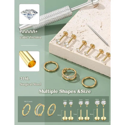 Women's 16G-18G Gold Plated Surgical Steel Body Jewelry Set - Internally Threaded Flat Back Studs, CZ Hoops, 5A+ Cubic Zirconia Stones Shine Bright, Hypoallergenic for Nose, Tragus, Helix Piercings Daily Wear