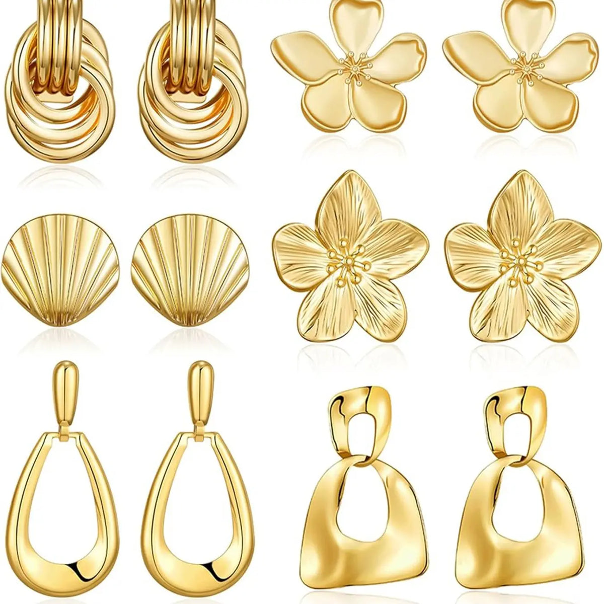 6 Pairs Chunky Gold Earrings for Women, Trendy Statement Gold Plated Flower, Shell and Knot Drop Dangle Earrings, Lightweight Hypoallergenic Fashion Jewelry Set, Earring Stacks
