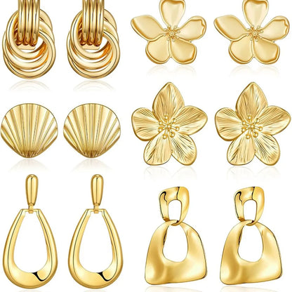 6 Pairs Chunky Gold Earrings for Women, Trendy Statement Gold Plated Flower, Shell and Knot Drop Dangle Earrings, Lightweight Hypoallergenic Fashion Jewelry Set, Earring Stacks