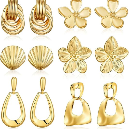 6 Pairs Chunky Gold Earrings for Women, Trendy Statement Gold Plated Flower, Shell and Knot Drop Dangle Earrings, Lightweight Hypoallergenic Fashion Jewelry Set, Earring Stacks