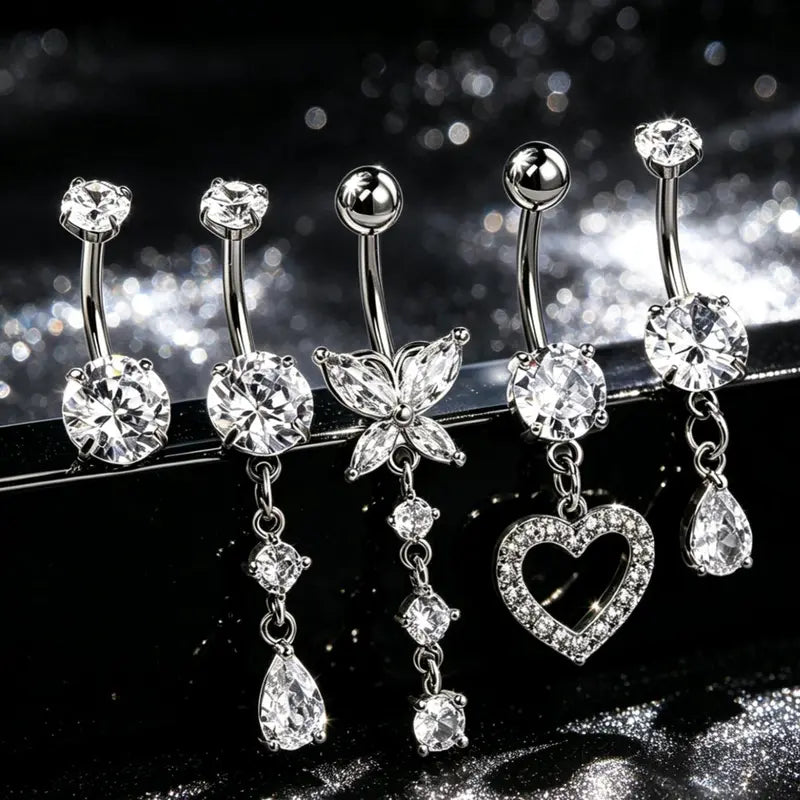 OUFER Women's Goldtone Glow Navel Piercing Body Jewellery Set, 5pcs for Styling 14G 10mm Belly Button Rings with Rhinestone Crystals, Classic Flower & Heart Designs for Female Body Art
