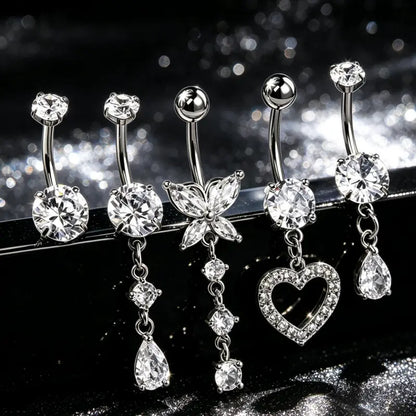 OUFER Women's Goldtone Glow Navel Piercing Body Jewellery Set, 5pcs for Styling 14G 10mm Belly Button Rings with Rhinestone Crystals, Classic Flower & Heart Designs for Female Body Art