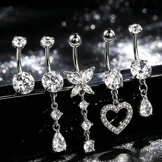 OUFER Women's Goldtone Glow Navel Piercing Body Jewellery Set, 5pcs for Styling 14G 10mm Belly Button Rings with Rhinestone Crystals, Classic Flower & Heart Designs for Female Body Art