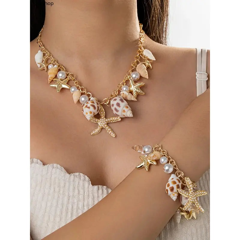 Unisex Nautical Ocean-Themed 2-Piece Alloy Artificial Pearl Jewelry Set - Star Sports Wristbands, Seashell Geometric Necklace, Durable and Refined Appearance, for Everyday Wear, Gifting