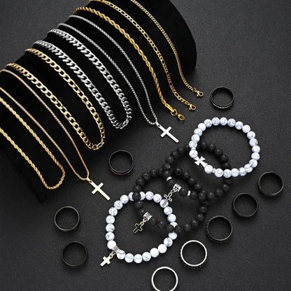 21-Piece Stainless Steel Jewelry Set, Fashionable Jewellery Gift Set, Trendy Jewelry Set, Men's Fashion Casual Punk Cross Pendant Necklace Bracelet Ring Set, Perfect Gift for Father's Day