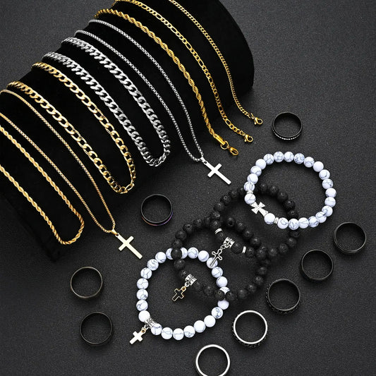 21-Piece Stainless Steel Jewelry Set, Fashionable Jewellery Gift Set, Trendy Jewelry Set, Men's Fashion Casual Punk Cross Pendant Necklace Bracelet Ring Set, Perfect Gift for Father's Day
